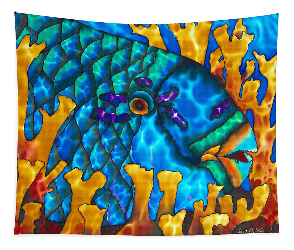 Diving Tapestry featuring the painting Parrotfish and Fire coral by Daniel Jean-Baptiste