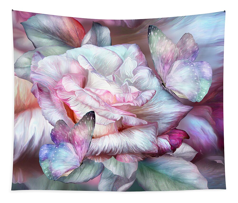 Carol Cavalaris Tapestry featuring the mixed media Pastel Rose And Butterflies by Carol Cavalaris