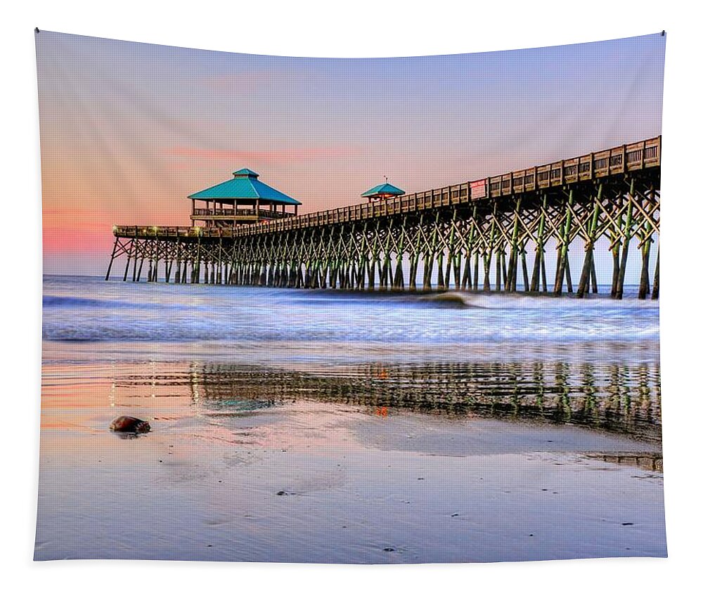 Folly Beach Tapestry featuring the photograph Pastel Sunrise On Folly Beach Pier In Charleston South Carolina by Carol Montoya