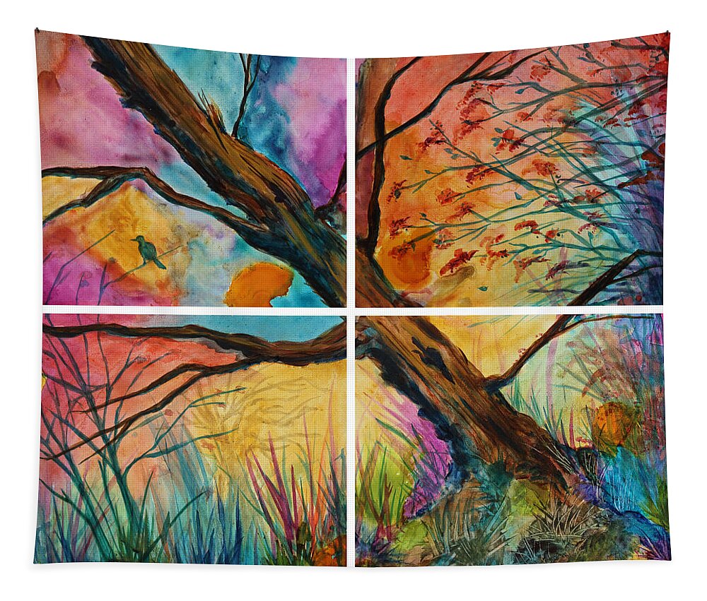 Tree Tapestry featuring the painting Patchwork Sky tree painting with colorful sky by Jaime Haney