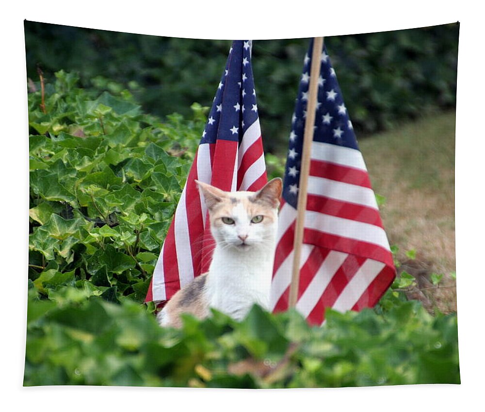 White Cat With Sandy-colored Spots Tapestry featuring the photograph Patriotic Cat by Valerie Collins