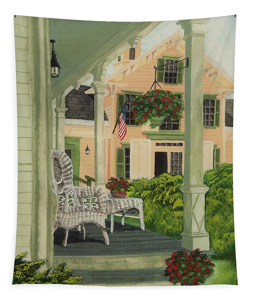 Side Porch Tapestry featuring the painting Patriotic Country Porch by Charlotte Blanchard