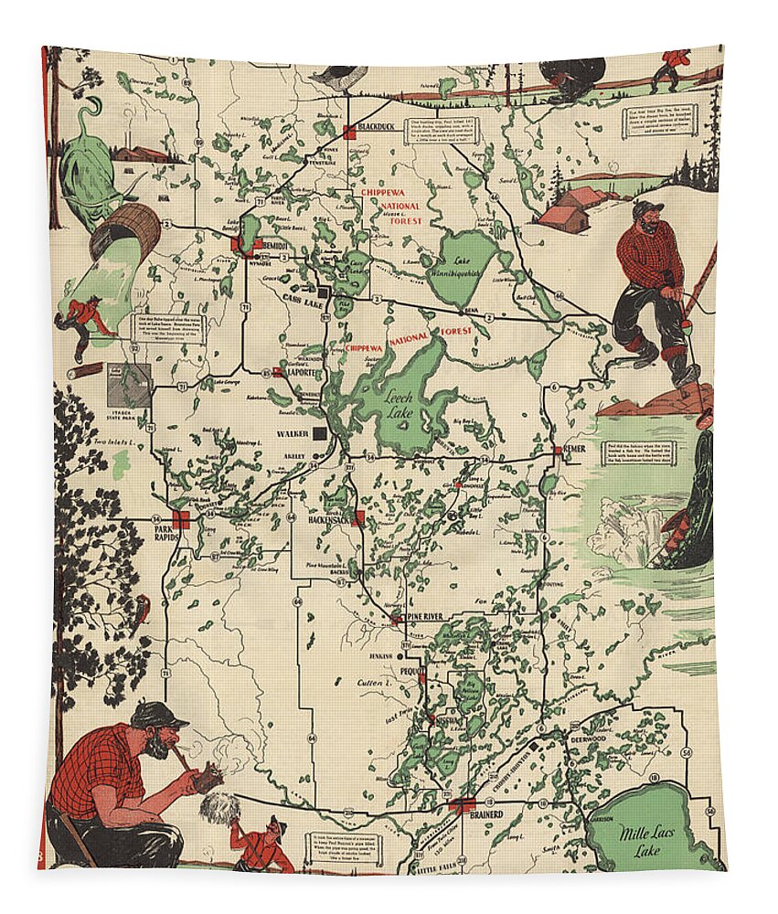 Northern Minnesota Tapestry featuring the mixed media Paul Bunyan's Playground - Northern Minnesota - Vintage Illustrated Map - Cartography by Studio Grafiikka