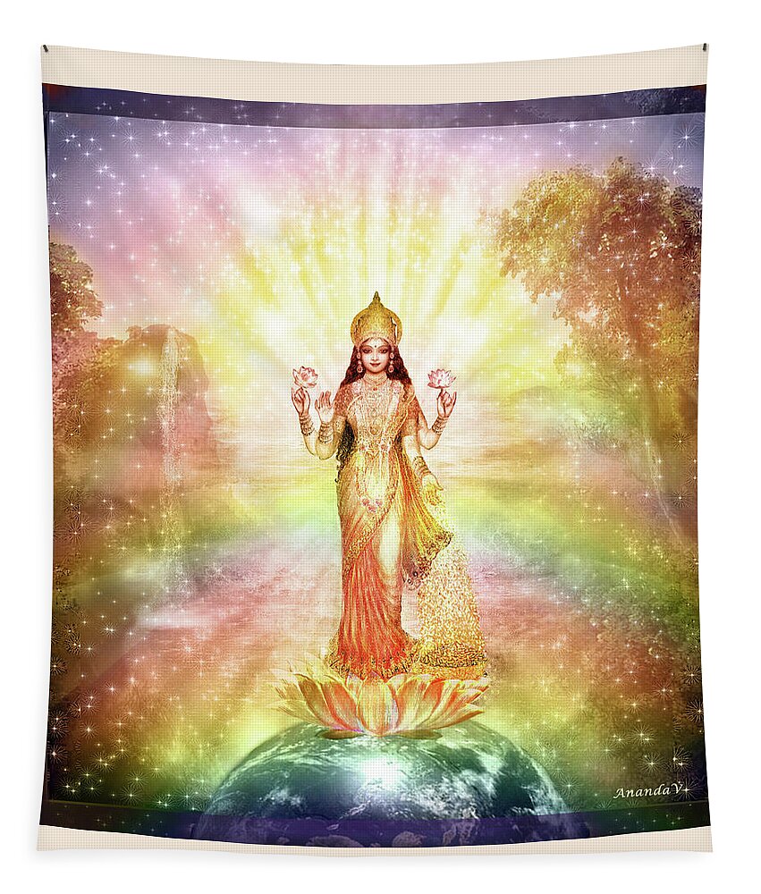 Devi Tapestry featuring the mixed media Peace and Prosperity on Earth by Ananda Vdovic