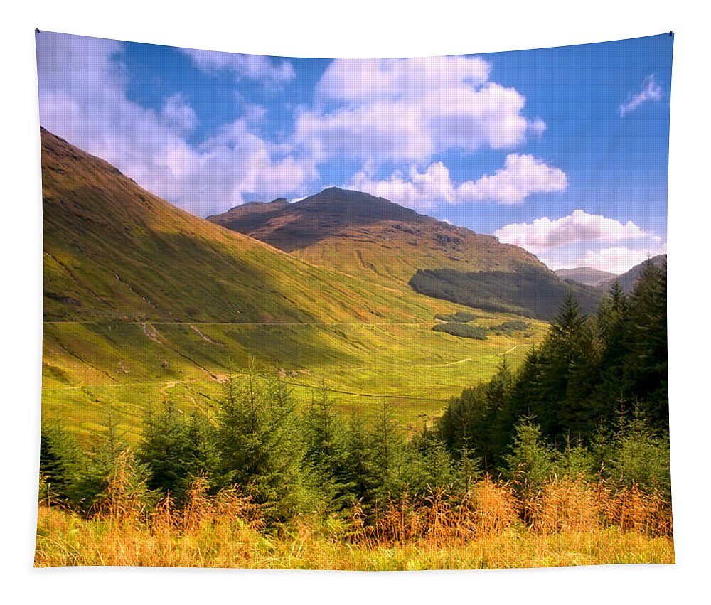 Scotland; Mountains; Rest And Be Thankful; Nature; Landscape; Bright Light; Light; Sun; Sunny; Warm Weather; Sky; Clouds; Scenery; Forest; Trees; Tranquility; Grass; Autumn; Summer; Beauty; Beautiful Nature; Fine Weather; Colorful; Colors; Shadow; Fine Art; Fine Art Photography; Artistic; Blesses Tapestry featuring the photograph Peaceful Sunny Day in Mountains. Rest and Be Thankful. Scotland by Jenny Rainbow