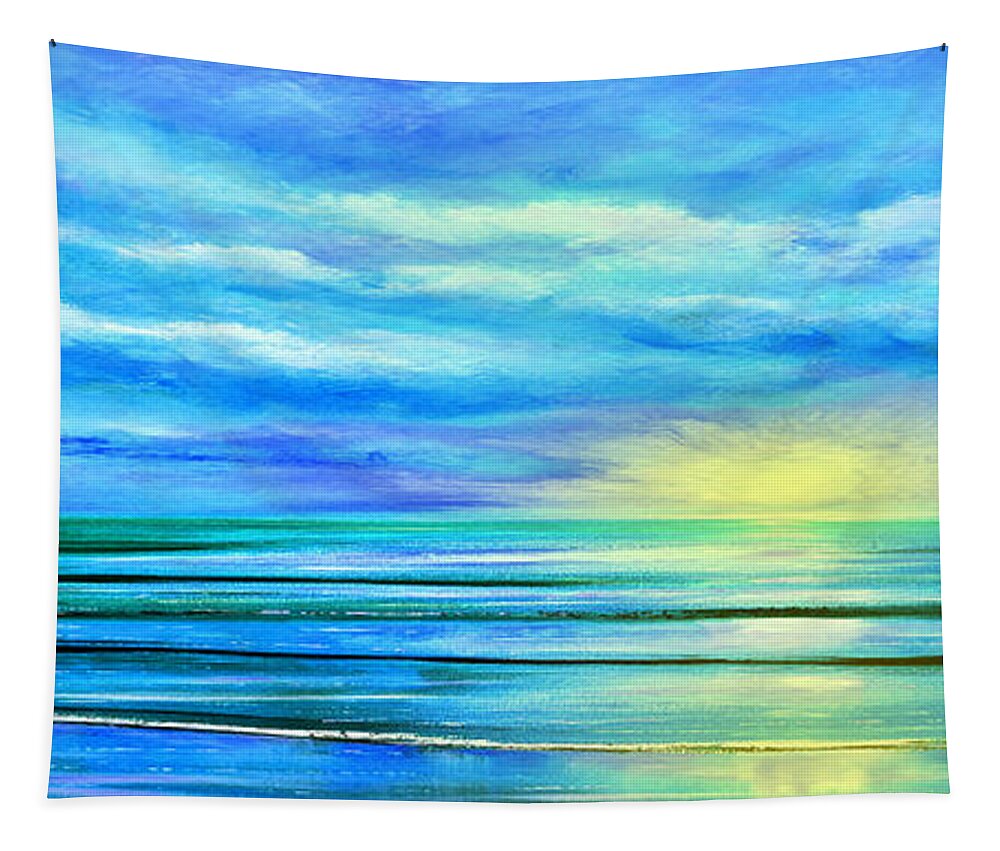 Sunset Tapestry featuring the painting Peacefully Blue - Panoramic Sunset by Gina De Gorna