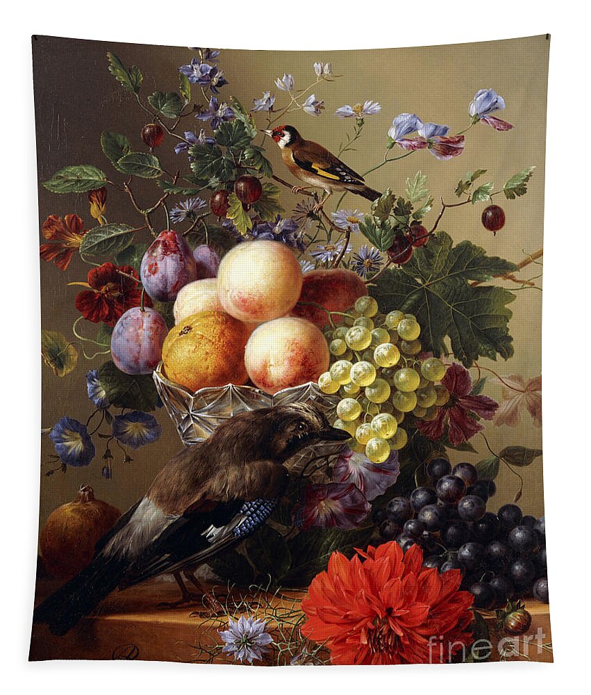 Peaches Tapestry featuring the painting Peaches, Grapes, Plums and Flowers in a Glass vase with a Jay on a Ledge by Arnoldus Bloemers