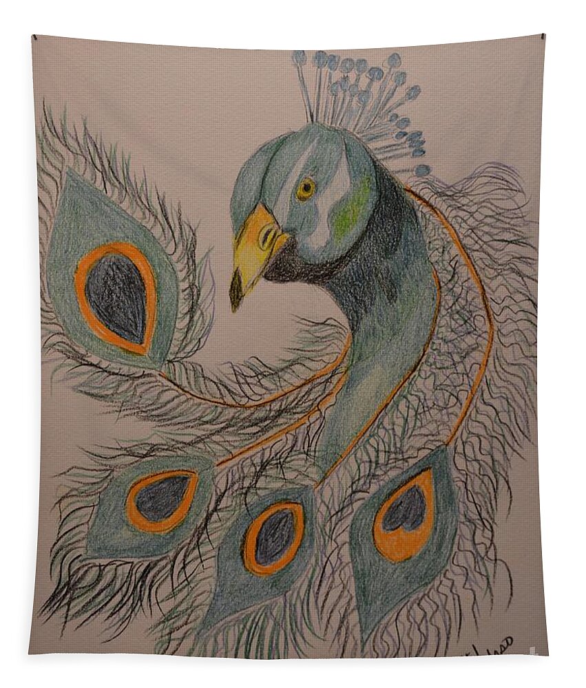 Peacock #1 - Drawing Tapestry featuring the drawing Peacock #1 - Drawing by Maria Urso