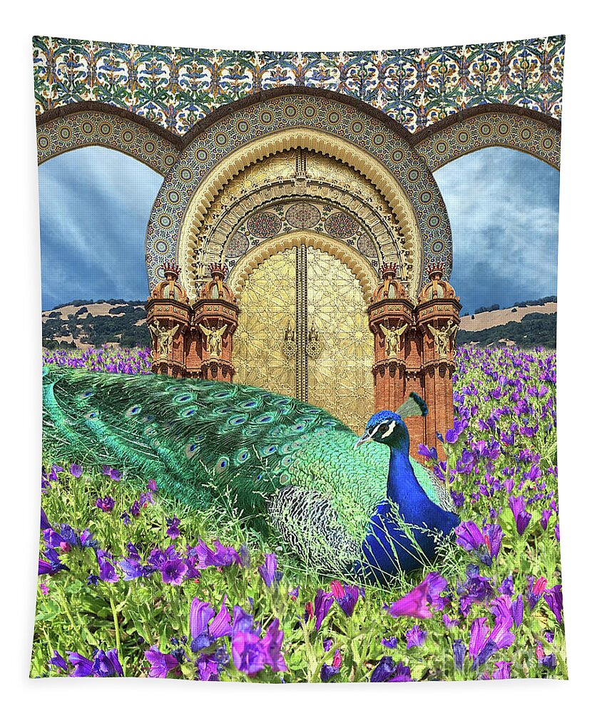 Peacock Tapestry featuring the digital art Peacock Gate by Lucy Arnold
