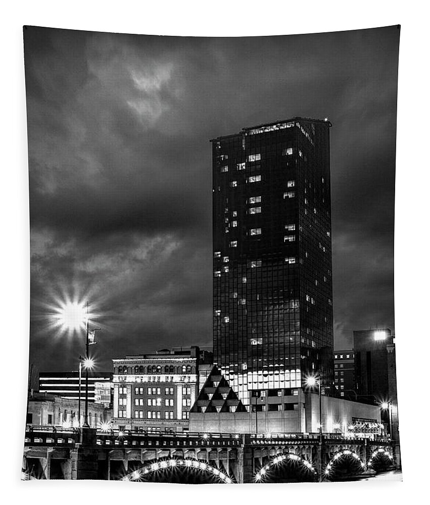 Bridge Tapestry featuring the photograph Pearl Street Bridge at Night on the Grand River by Randall Nyhof