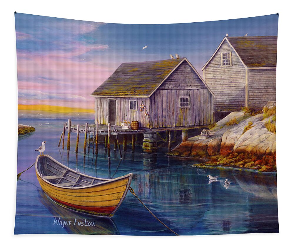 Landscape Tapestry featuring the painting Peggys Cove Sunset by Wayne Enslow