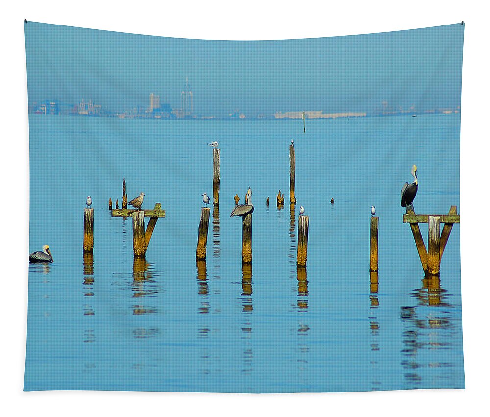 Pelican Tapestry featuring the digital art Pelican and Mobile by Michael Thomas