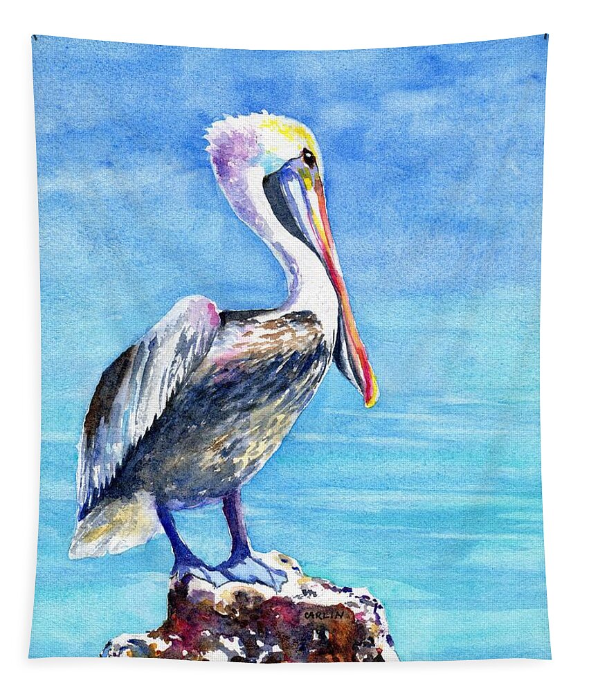 Pelican Tapestry featuring the painting Pelican on a Post by Carlin Blahnik CarlinArtWatercolor