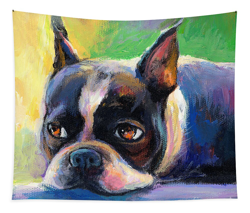 Boston Terrier Dog Tapestry featuring the painting Pensive Boston Terrier dog painting by Svetlana Novikova