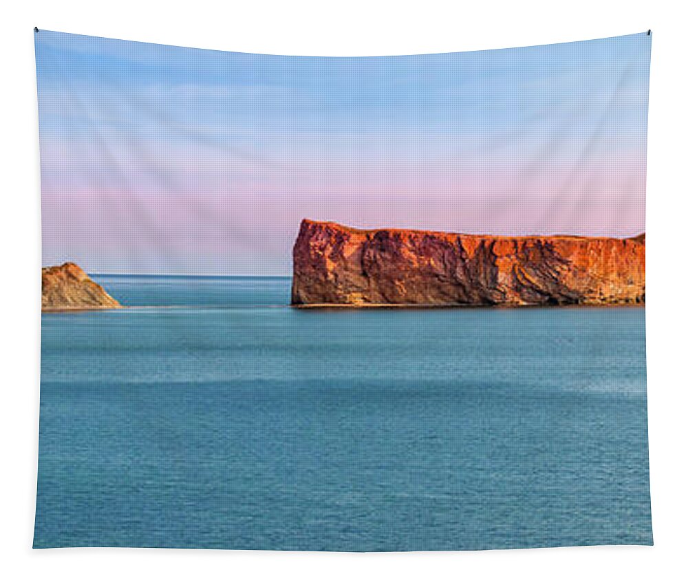 Perce Rock Tapestry featuring the photograph Perce Rock panorama at sunset by Elena Elisseeva