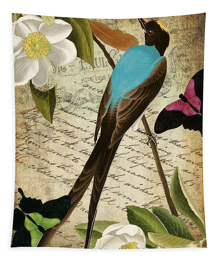Nuthatcher Bird Tapestry featuring the painting Petals and Wings II by Mindy Sommers