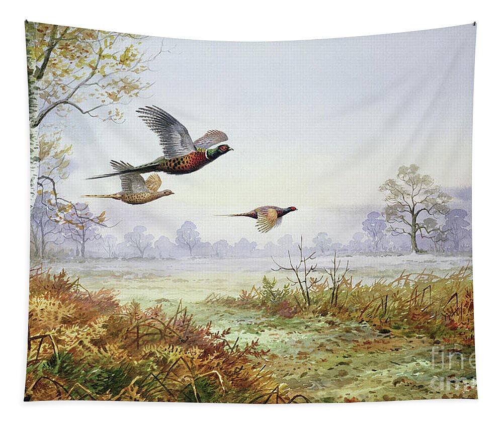 Pheasant Tapestry featuring the painting Pheasants in Flight by Carl Donner