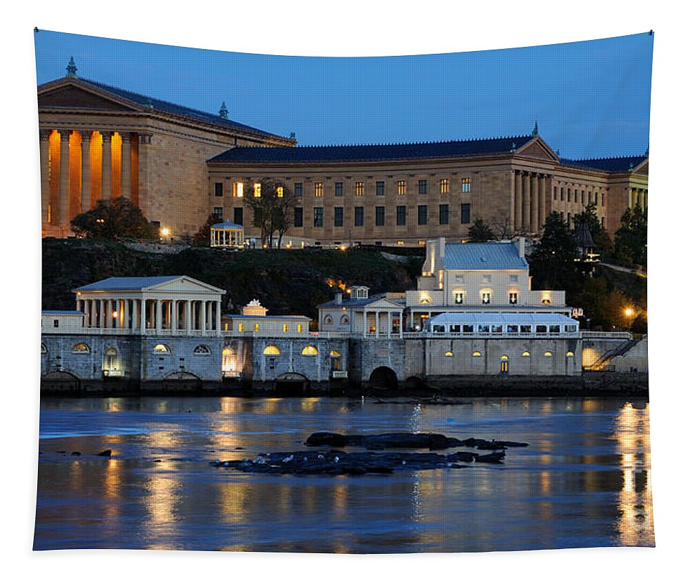 Philadelphia Tapestry featuring the photograph Philadelphia Art Museum and Fairmount Water Works by Gary Whitton