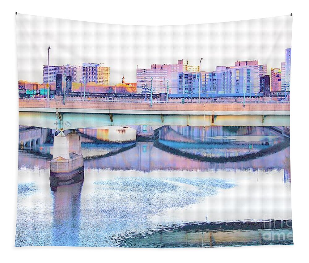 I Went For A Early Morning Walk And Came Across This Scene In Philadelphia. I Liked The Colors And Reflections Off The Water. This Is Another Version Of The Scene. Tapestry featuring the photograph Philadelphia Scene1 by Merle Grenz