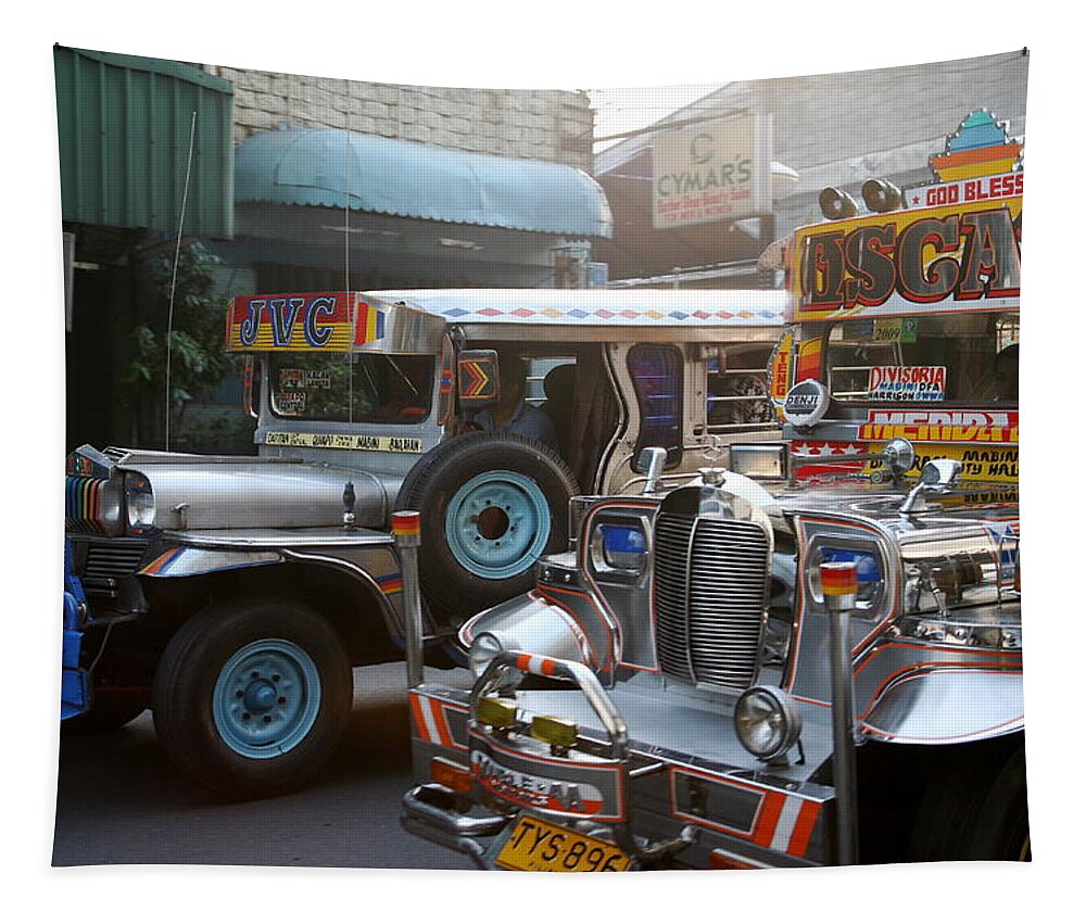 Jeepney Tapestry featuring the photograph Philippine jeepneys. by Christopher Rowlands