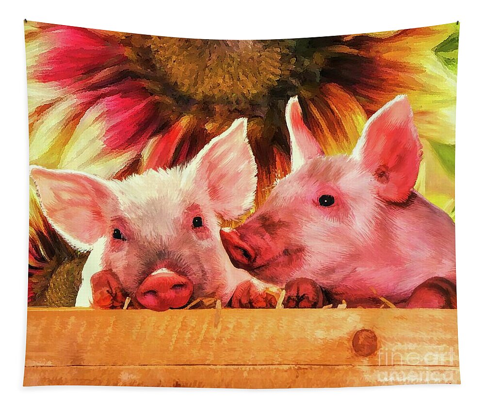 Piglets Tapestry featuring the painting Piglet Playmates by Tina LeCour