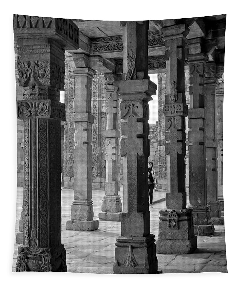 Pillars Tapestry featuring the photograph Pillars in black and white. Qutb Minar. by Elena Perelman