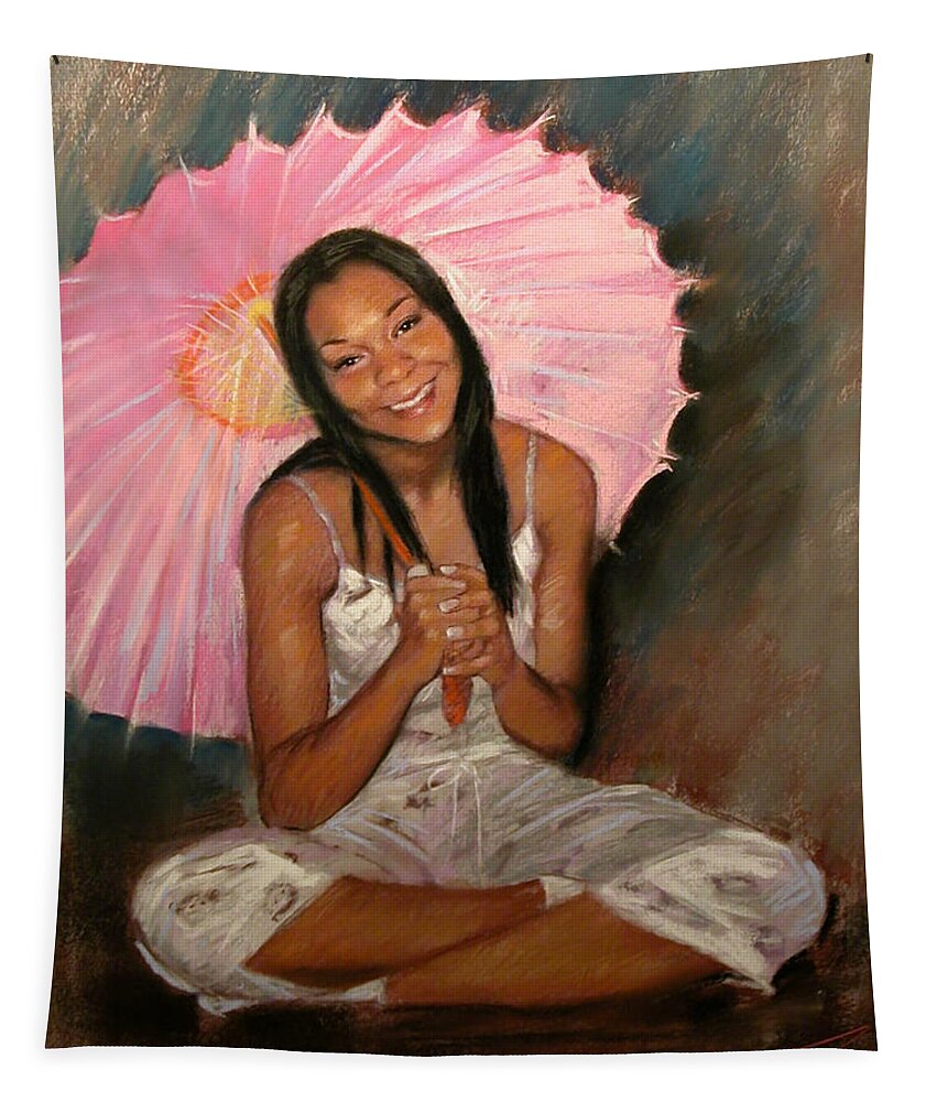 Girl With Umbrella Tapestry featuring the pastel Pink and Brown by Ylli Haruni