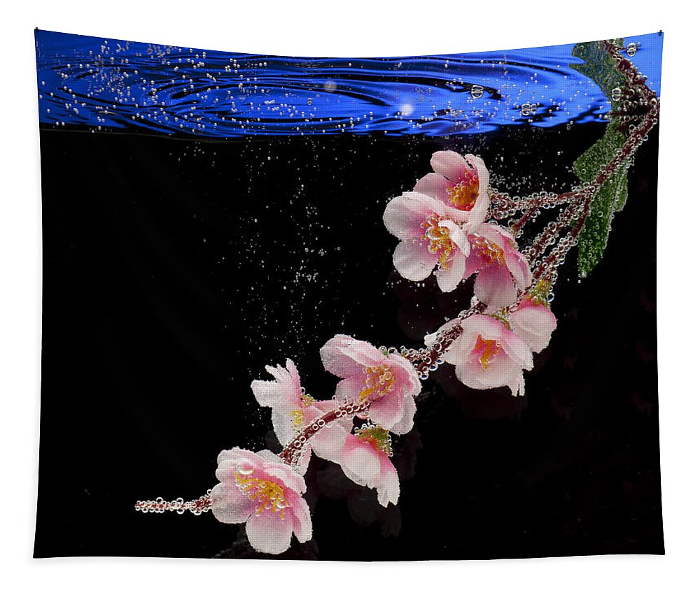 Water Tapestry featuring the photograph Pink Blossom in Water with Bubbles by Dmitry Soloviev