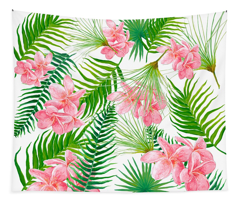 Fern Leaves Tapestry featuring the painting Pink Frangipani and Fern Leaves by Jan Matson