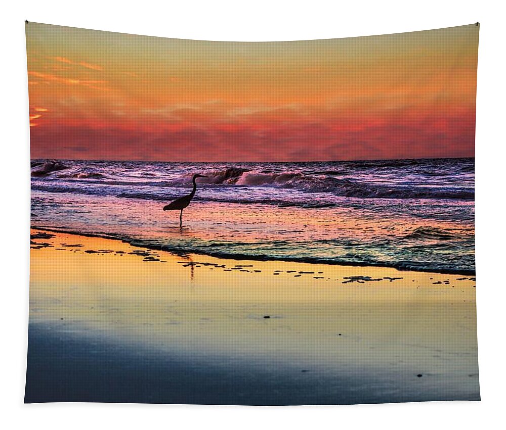 Alabama Tapestry featuring the photograph Pink Sky and Heron in the Surf by Michael Thomas
