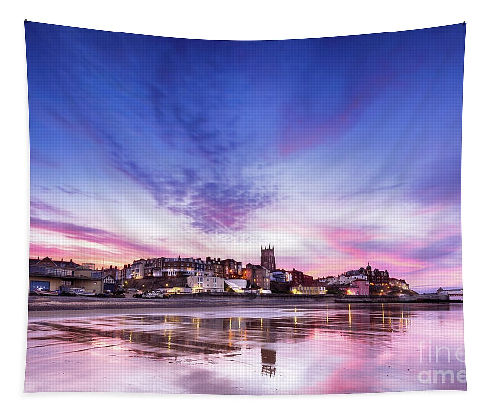 Cromer Tapestry featuring the photograph Pink sunset reflections over Cromer town at dusk by Simon Bratt