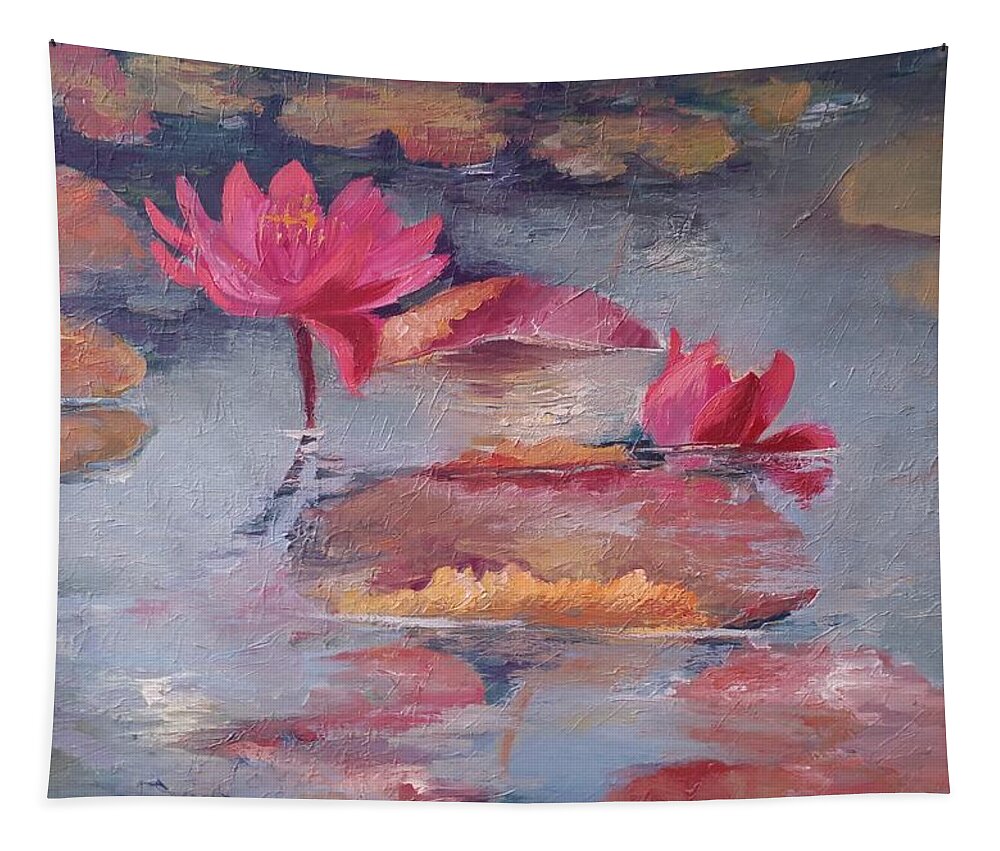 Waterlilies Tapestry featuring the painting Pink waterlilies by Vali Irina Ciobanu