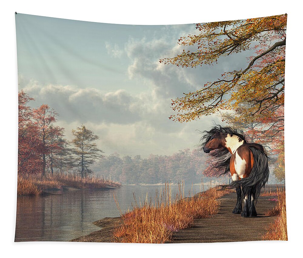 Pinto Tapestry featuring the digital art Pinto Horse on a Riverside Trail by Daniel Eskridge