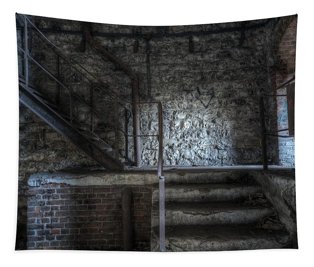 Urbex Tapestry featuring the digital art Pit head by Nathan Wright