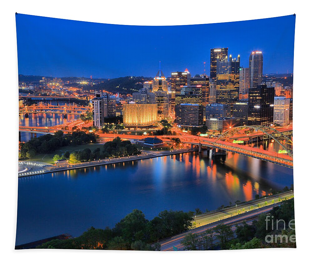 Pittsburgh Tapestry featuring the photograph Pittsburgh Evening Glow by Adam Jewell