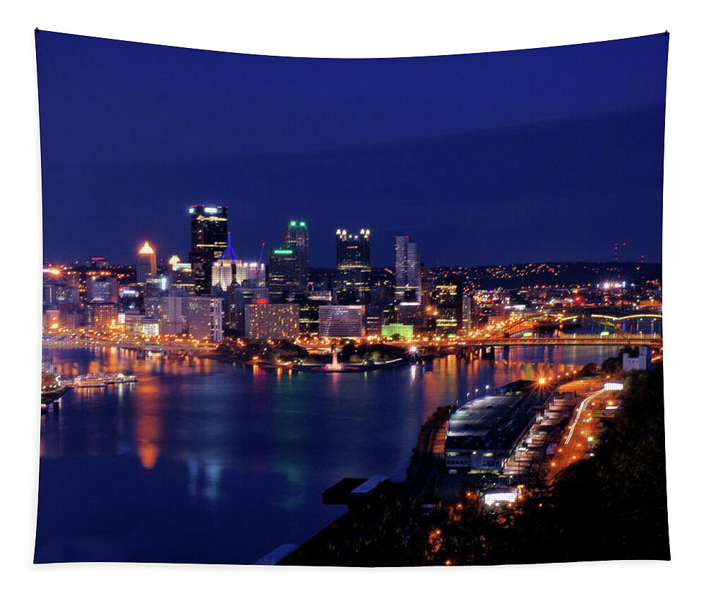 Pittsburgh Tapestry featuring the photograph Pittsburgh Skyline Blue Hour by Michelle Joseph-Long