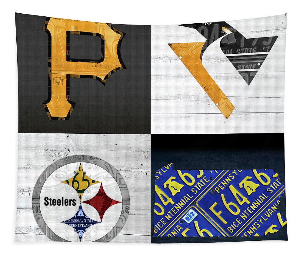 Pittsburgh Tapestry featuring the mixed media Pittsburgh Sports Team Logo Art Plus Pennsylvania Map Pirates Penguins Steelers by Design Turnpike