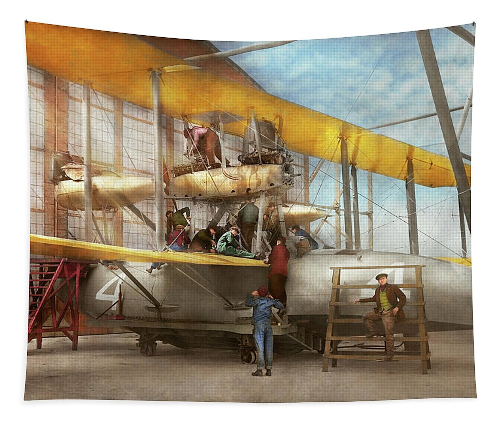 Color Tapestry featuring the photograph Plane - Biplane - Getting ready for a long flight 1919 by Mike Savad