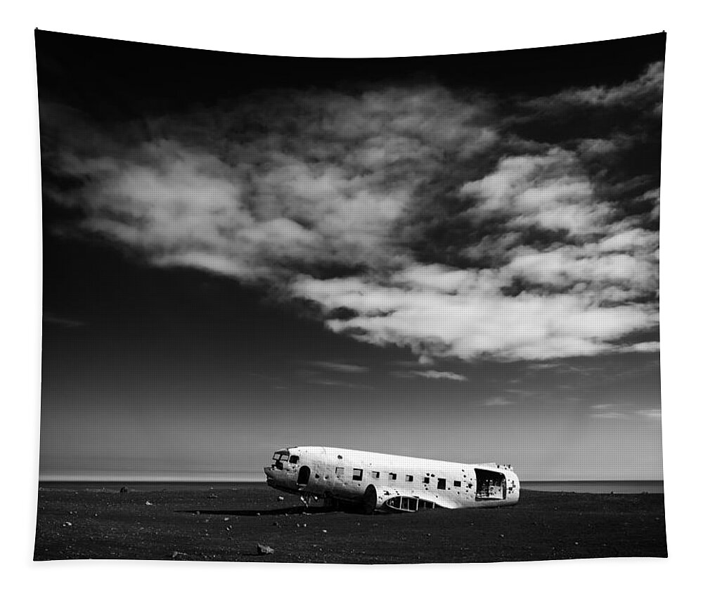Iceland Tapestry featuring the photograph Plane wreck black and white Iceland by Matthias Hauser