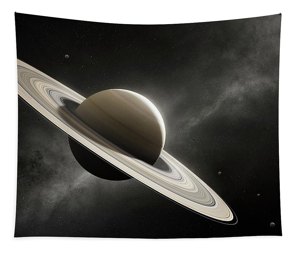 Saturn Tapestry featuring the photograph Planet Saturn with major moons by Johan Swanepoel