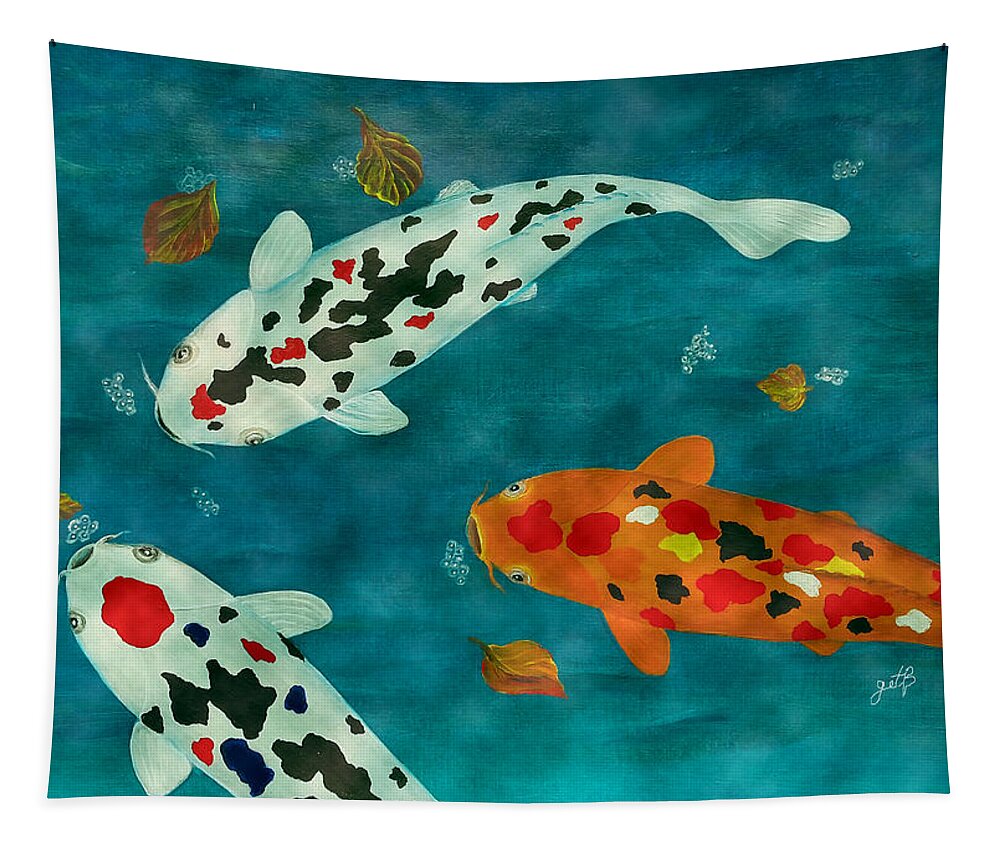 Koi Fish Tapestry featuring the painting Playful Koi Fishes original acrylic painting by Georgeta Blanaru