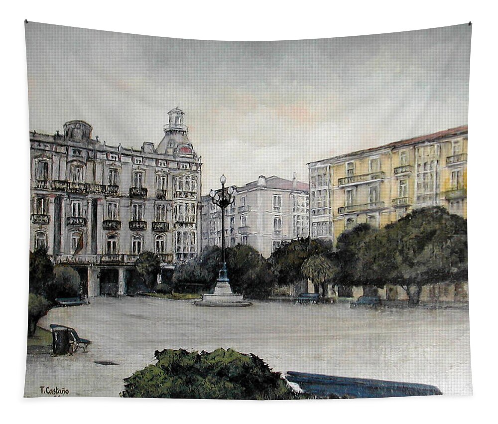 Plaza De Pombo Tapestry featuring the painting Plaza de Pombo 2 by Tomas Castano