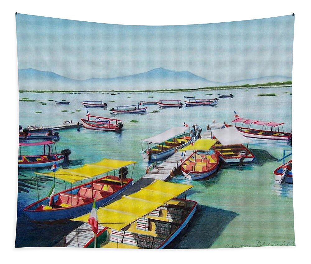 Sea Scape Tapestry featuring the mixed media Pleasure boats on Lake Chapala by Constance Drescher