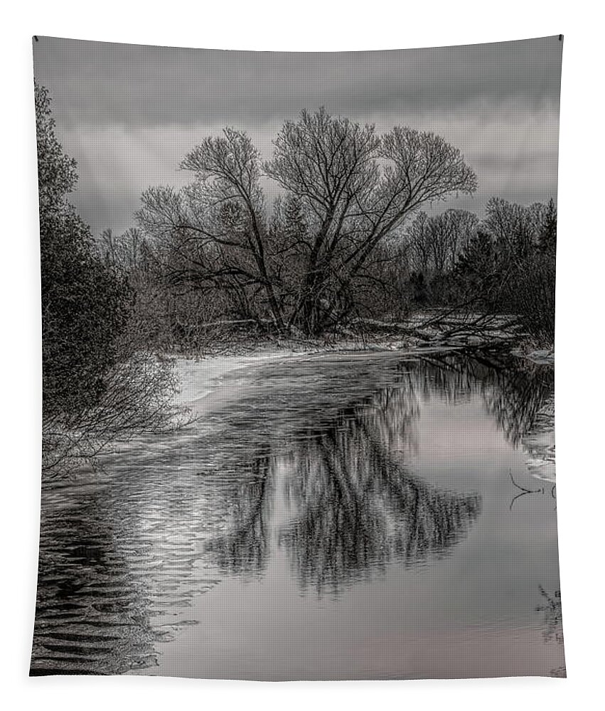 Black And White Tapestry featuring the photograph Plover River Black and White Winter Reflections by Dale Kauzlaric