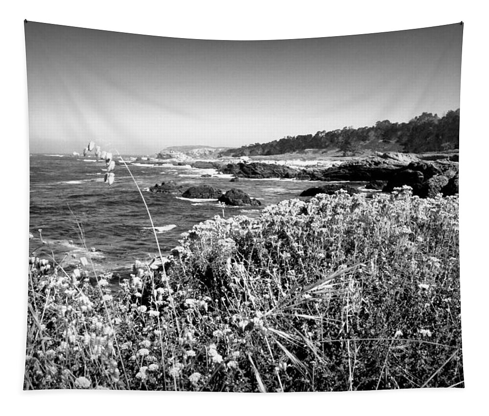 Black-and-white-photography Tapestry featuring the photograph Point Lobos Shore In Bloom B And W by Joyce Dickens