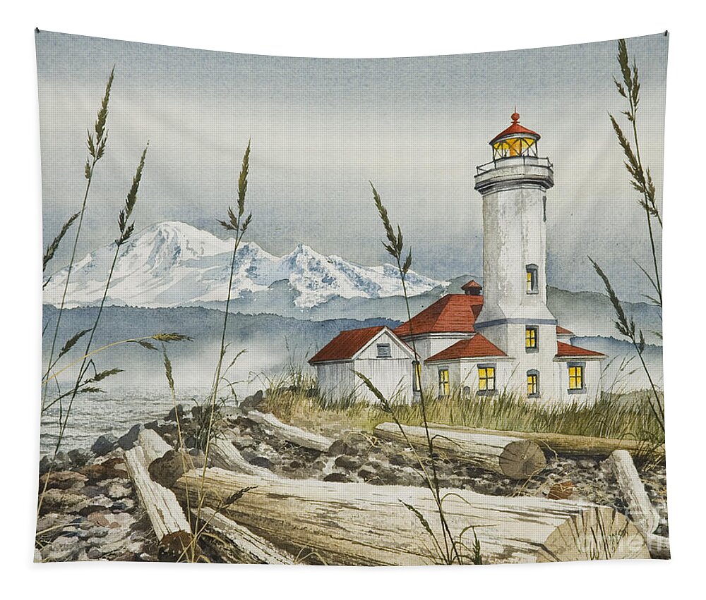 Lighthouse Fine Art Print Tapestry featuring the painting Point Wilson Lighthouse by James Williamson
