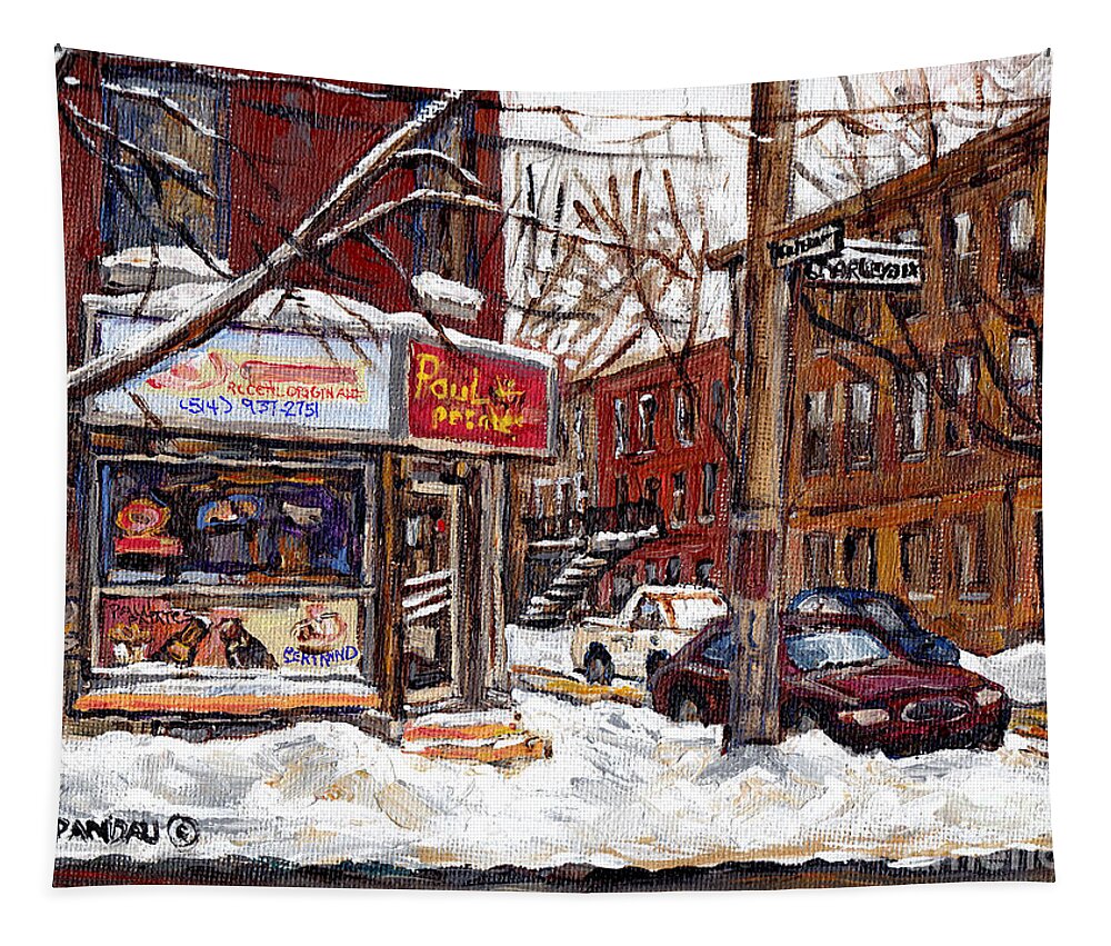 Montreal Tapestry featuring the painting Pointe St Charles Montreal Winter Scene Painting Paul Patates Restaurant At Coleraine And Charlevoix by Carole Spandau