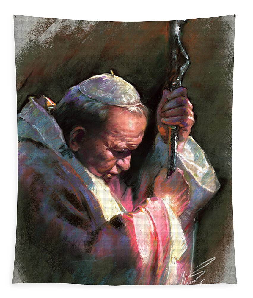 Portrait Tapestry featuring the pastel Pope John Paul II by Ylli Haruni