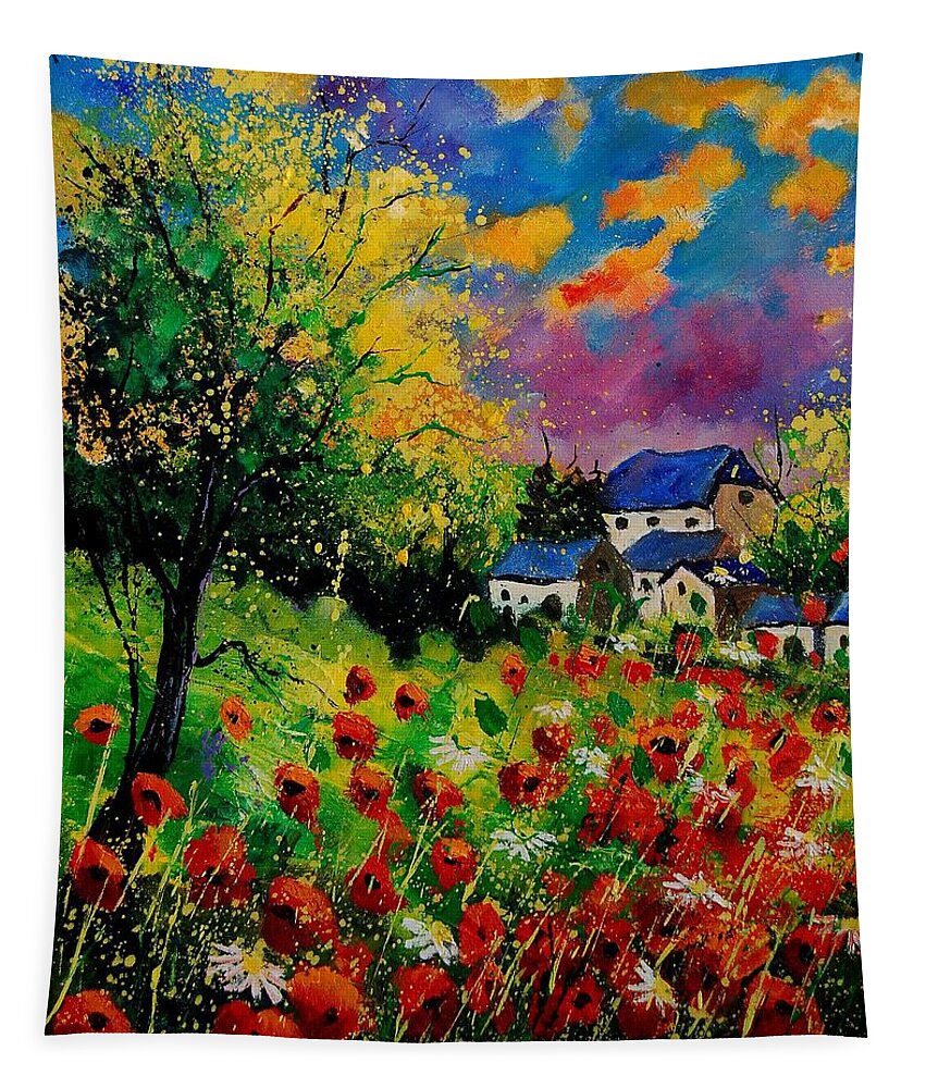 Landscape Tapestry featuring the painting Poppies and daisies 560110 by Pol Ledent