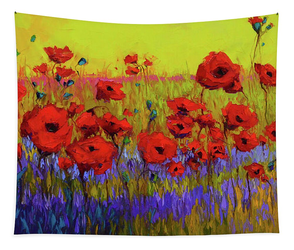 Colorful Wildflowers Tapestry featuring the painting Poppy Flower Field Oil Painting with Palette knife by Patricia Awapara